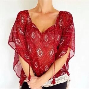 HOLLISTER Top Women Size S Red Boho Sheer Crochet Lace Trim Poncho Tribal Style
